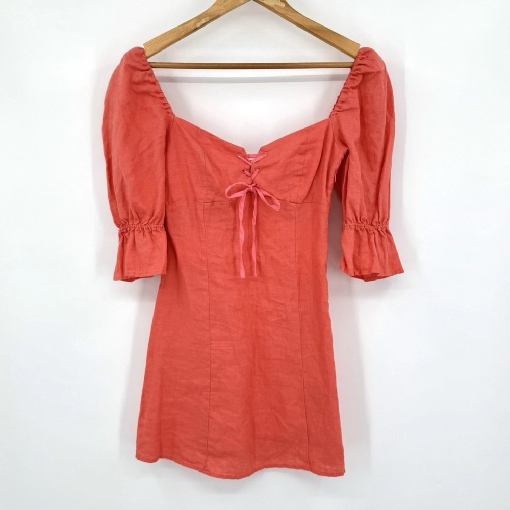 Aritzia Wilfred Coral Linen Puff Sleeve Mini Dress